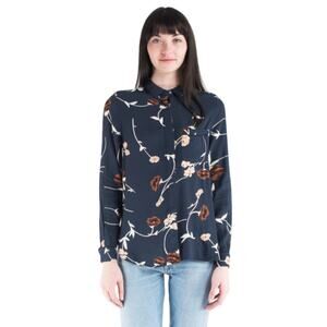 Ganni Navy Blue Floral Total Eclipse Dalton Button Down Crepe Top